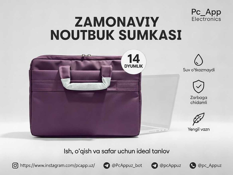 Noutbuk sumka 14″–15.6″, sifatli va mustahkam