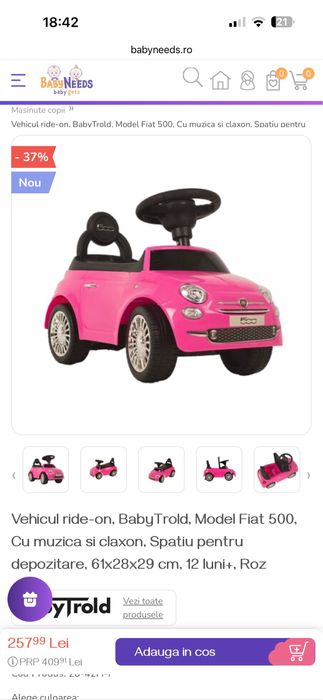 Vehicul ride-on BabyTrold Model Fiat 500, Roz, Sigilat