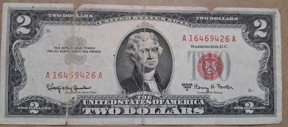2 долара САЩ, 1963 ,рядък куриоз- двоен печат.