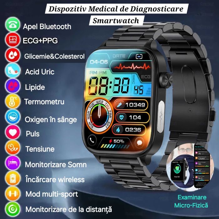 Ceas Smartwatch Medical: glicemie, colesterol, EKG, lipide, termometru