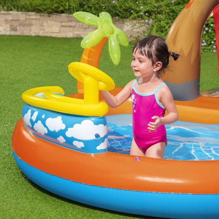 Голям детски надуваем аквапарк Bestway Lava Lagoon - Пързалка, фонтан, и улеи за топки 265x265 см.