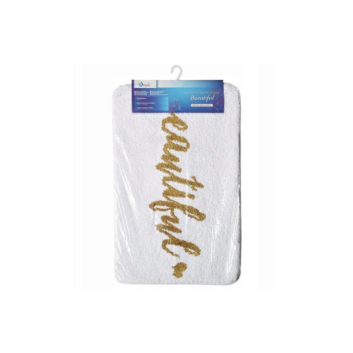 Covoras pentru baie antiaderent, pufos, 50x80 cm, alb cu auriu, Sepio