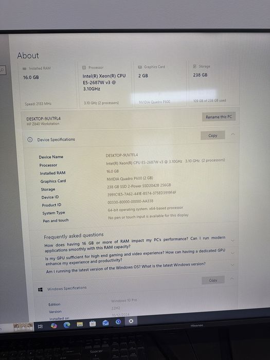 HP Z840 WORKSTATION / SERVER – Intel Xeon E5-2687W v3, 16GB RAM, SSD 256GB