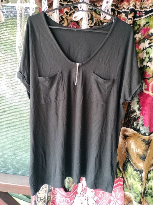 Tricou / Bluză casual de damă – Negru, decolteu în V cu fermoar, Mărimea L / XL