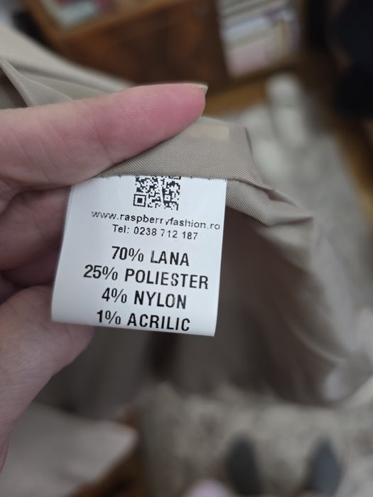 Palton lana, bej, marimea S, Raspberry