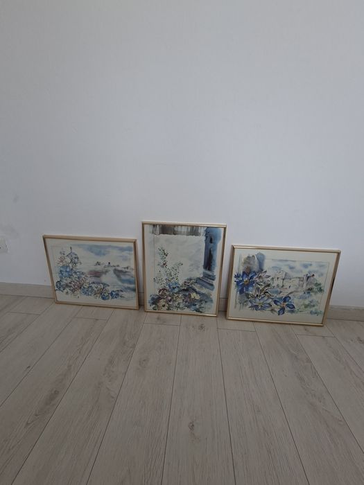 Set 3 tablouri, reproduceri acuarelă, rame aurii — flori și peisaje