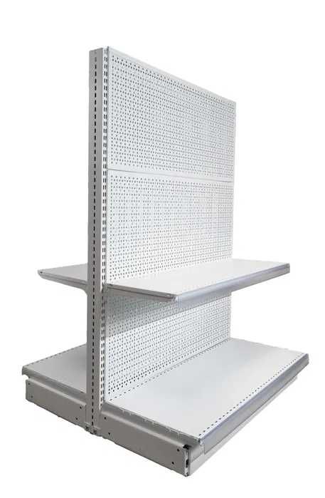 Островен стелаж с перфориран гръб за закачане на куки и рафт