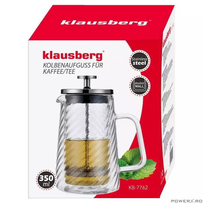 Infuzor cafea, ceai cu piston, sticla, 1L, Klausberg