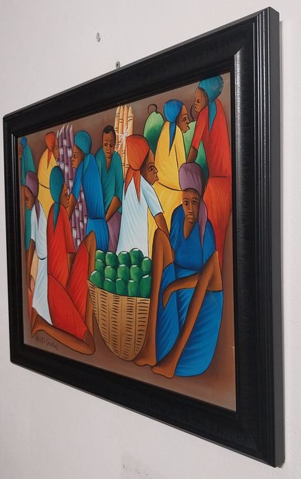 Andre Guervil (Haiti) – Pictură acrilică vintage anii ’70, scenă piață, semnată