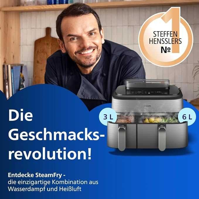 Фритюрник с горещ въздух Philips Steam Airfryer 5000, две кошници, функция за готвене на пара, 2 кошници - пара, пържене с въздух, пържене с пара, 9л