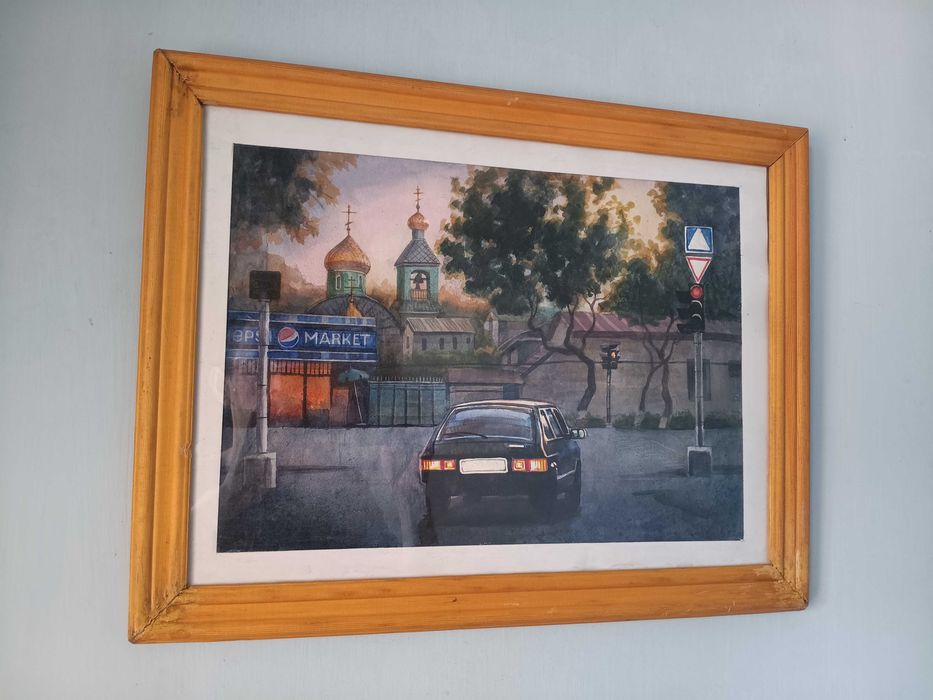 Акварельный городской пейзаж "Перекресток"