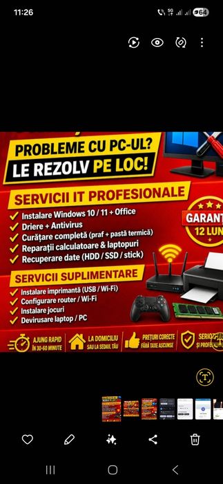 Reparații calculatoare laptop imprimanta router wifi curatare pc laptop upgrade ssd ram  cpu gpu instalare windows 11,10  la domiciliu Recuperare date