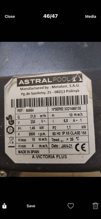 Продавам помпа за басейн ASTRAL POOL ,ползвана е само един летен сезон