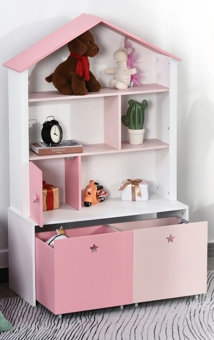 Raft organizator pentru jucării si carti casuta pentru copii roz/alb