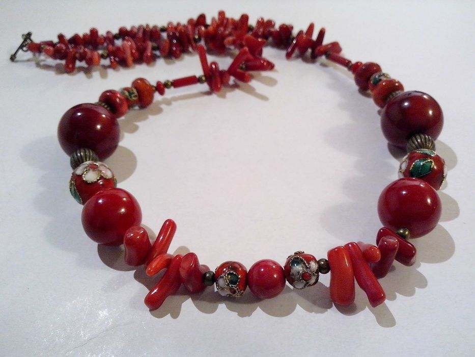colier pietre naturale,coral,perle cloisonnee