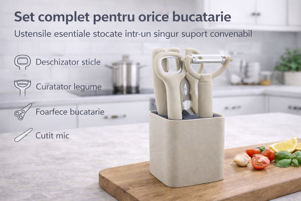 Set ustensile bucătărie 4 piese cu suport – design modern, NOU