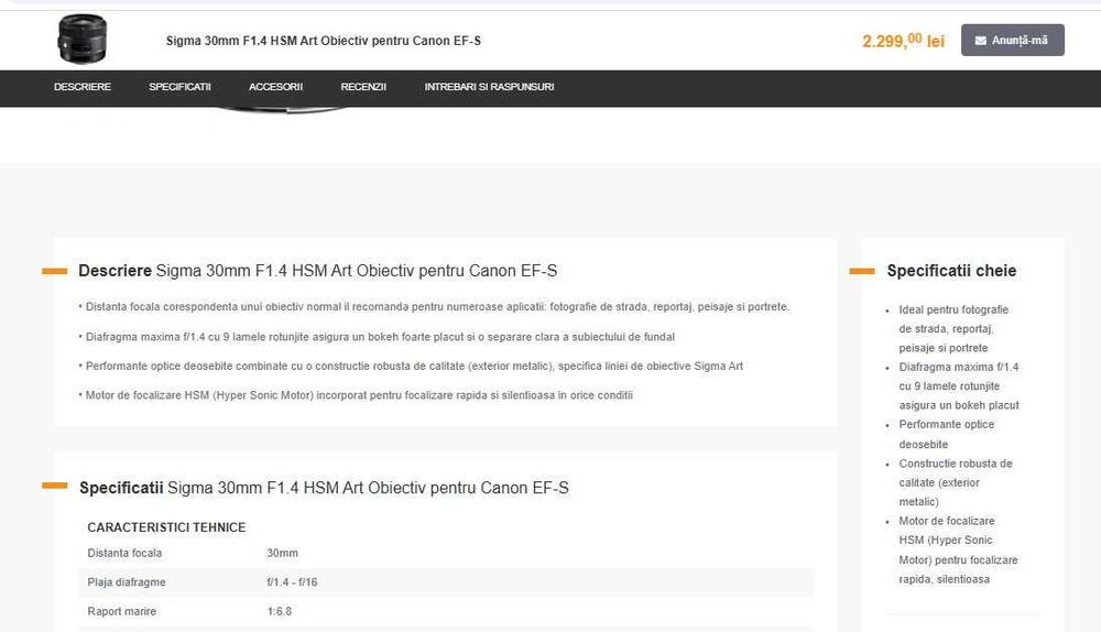 Obiectiv Sigma 30mm f1.4 FullBOX pentru Canon EF