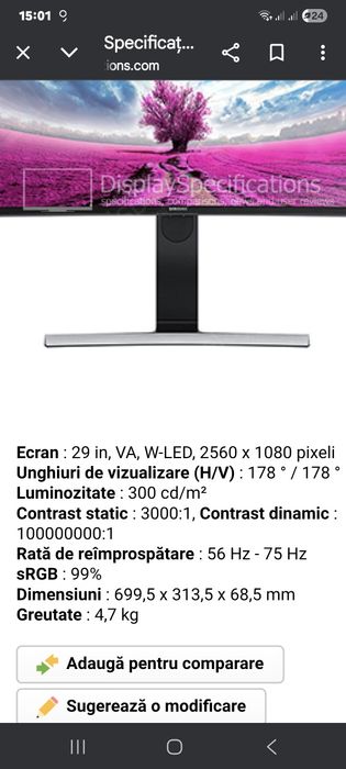 Monitor Samsung 29", S29E790C, ecran curbat, rezolutie 2560x1080