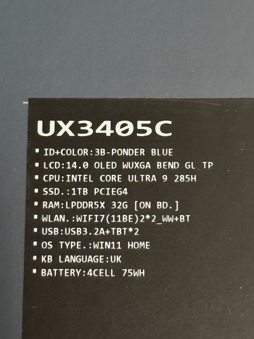 Asus zenbook ux3405 oled 14” core ultra 9 32 gb ddr5 1tb NOU