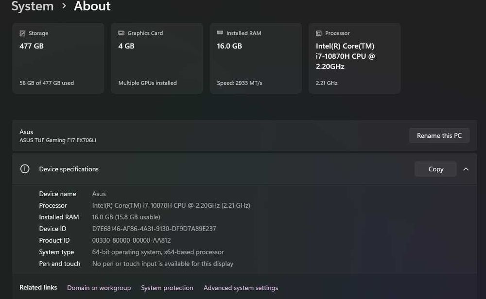 Laptop ASUS TUF Gaming F17 FX706L – i7 10870H / GTX 1650 Ti 4GB / 16GB RAM / 144Hz / Diagonala 17.3 inch
