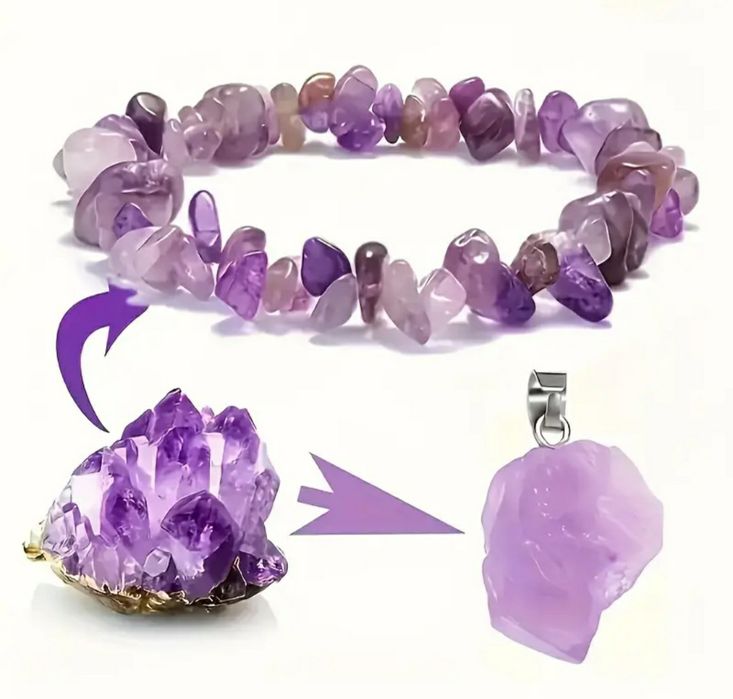 Комплект бижута естествен камък аметист - Колие с висулка и гривна