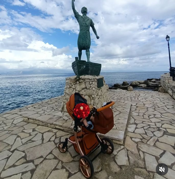 Căruț bebe 3in1 maro-portocaliu  piele