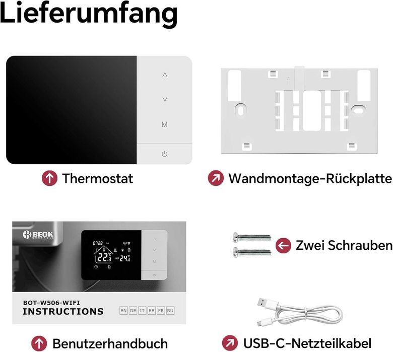 Termostat Beok BOT-W506-W/B-WIFI centrală termică gaz,wireless încălzire,WiFi cu suport pentru control vocal (Alexa),programat individual fiecare zi