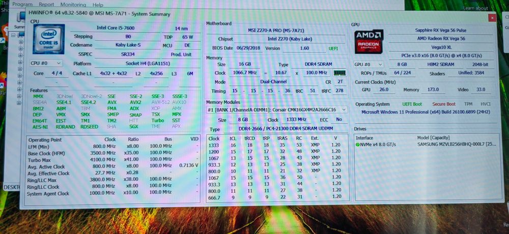 Gaming PC I5 7600 16GB RAM VEGA 56 8GB 256gb NVME Samsung