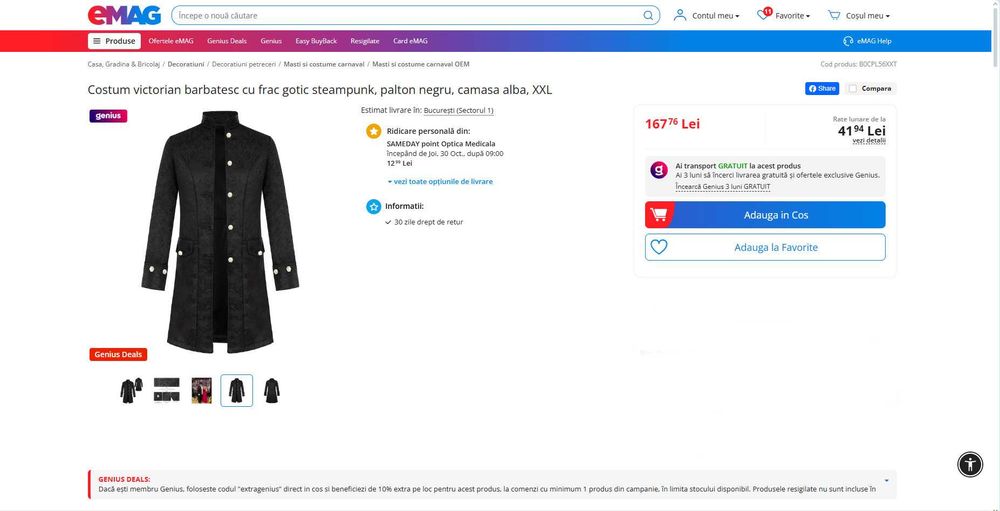 Costum Steampunk, stil Victorian cu frac gotic, REDUS de la 170RON