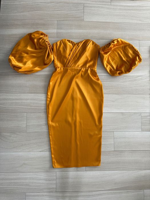 Rochie corset midi galben muștar cu mâneci detașabile