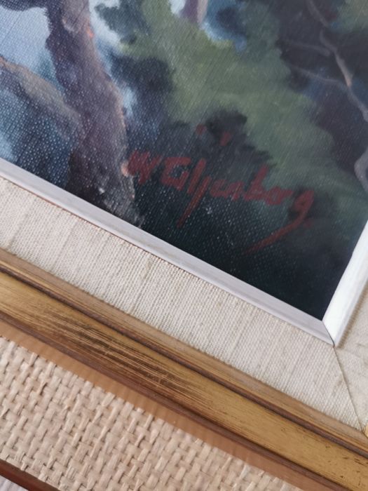 Антикварна картина в рамка и паспарту УОЛТЪР ЛИЛЕНБЕРГ „ПТИЦИ НА КЛОН“