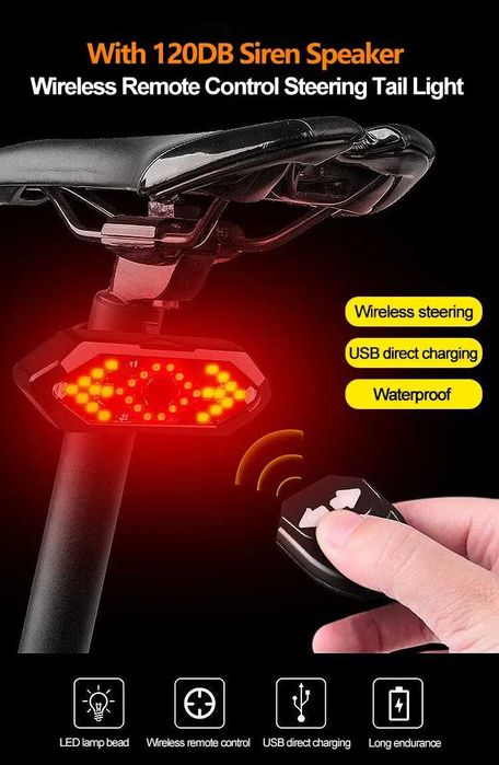 Vand stop bicicleta cu leduri si semnalizare, difuzor sirenă de 120 DB