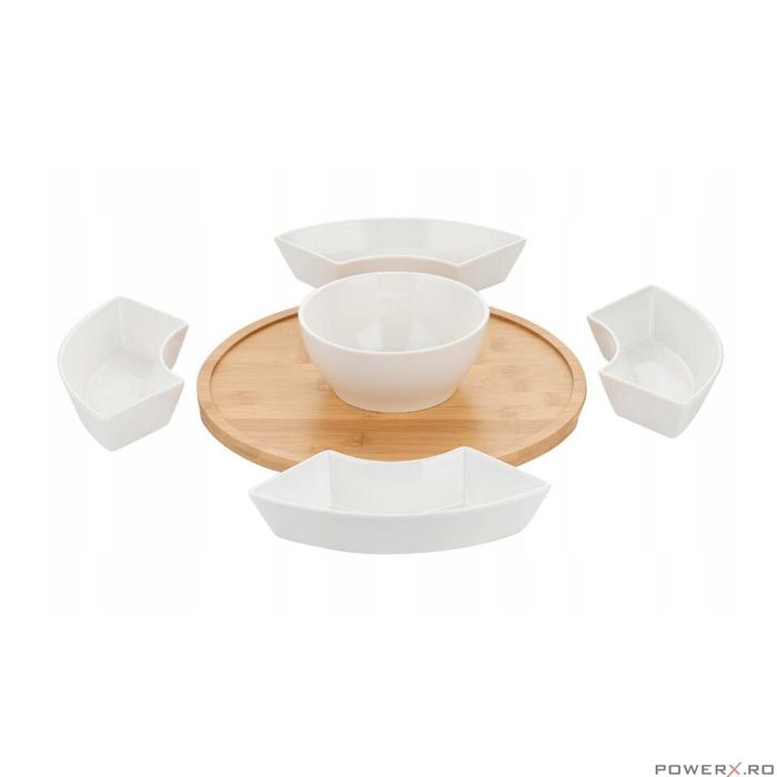 Set boluri pentru servire, din portelan, cu suport din bambus, 5