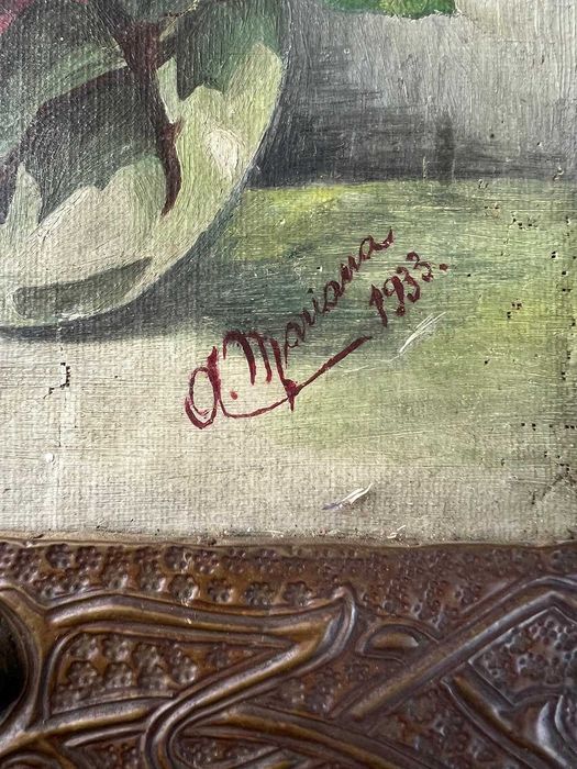 Tablou vechi ulei pe panza trandafiri inramat