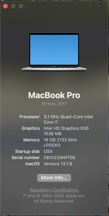 Vând MacBook Pro 15'', 2017, 16GB RAM, 256GB SSD