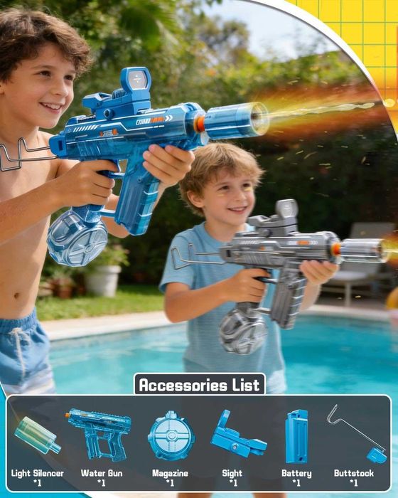 Pistol cu ​​apă electric (cu acumulator), pistol cu ​​apă automat cu lumini LED, rază de acțiune 6-8 m, Model UZI