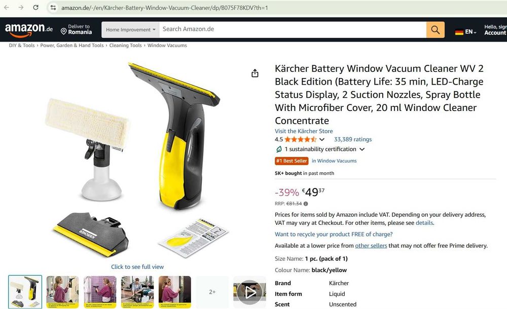 Aspirator pentru ferestre cu acumulator Kärcher WV 2 Black Edition