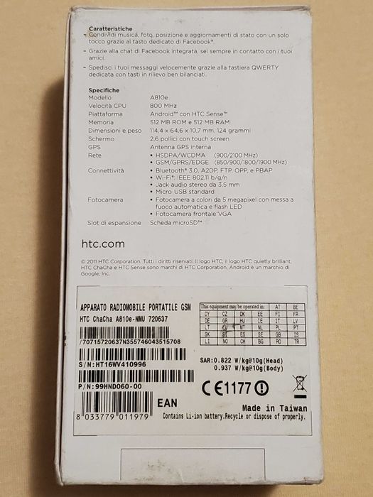 HTC ChaCha A810e la cutie, cu cablu de date, husă originală si folie