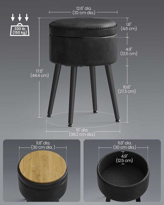 Taburet 3 in 1 cu spatiu de depozitare si masa, Vasagle, negru