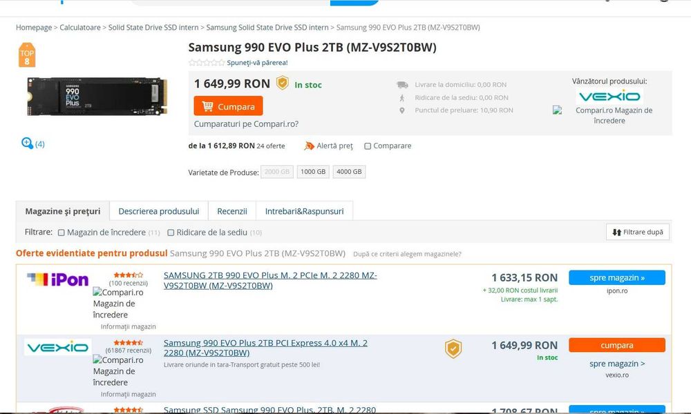 SSD Samsung 990 EVO Plus de 2TB PCI Express 4.0, nou , nefolosit