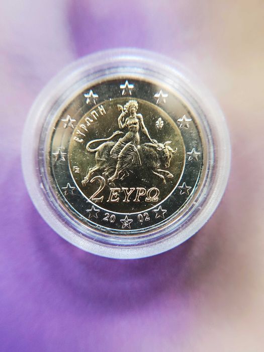 Редки 2 и 1 евро ГЪРЦИЯ от 2002 г. с буквата  "S" върху звездата!