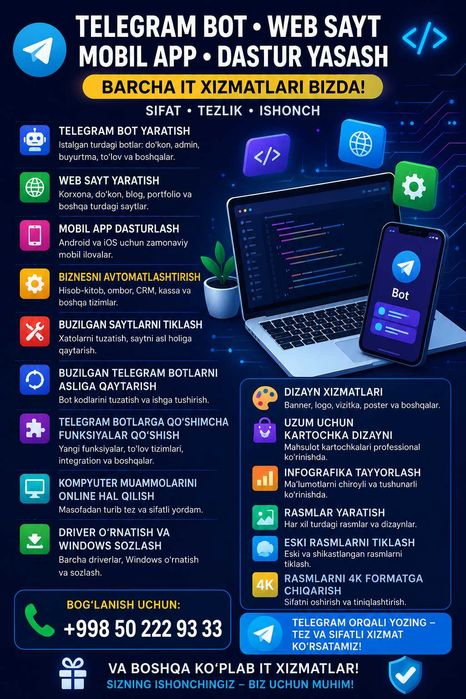Telegram bot • Web sayt • Mobil ilova • Dastur yaratish |IT xizmatlari