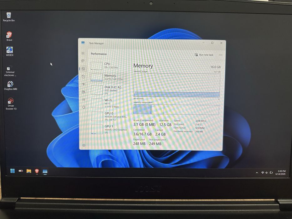 Laptop Gaming/Editare Foto-Video  MSI, RTX 2050, i5-12450H, 16GB RAM, Tastatură Iluminată, 144hz