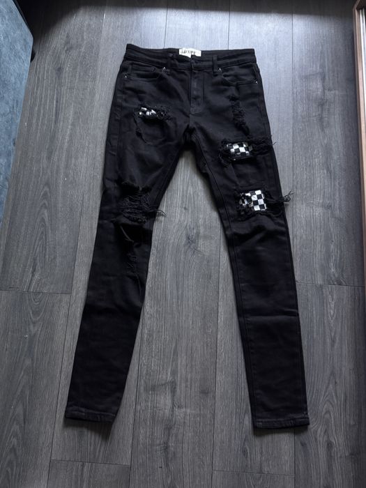 Blugi negri rătăciți / distressed Dxpe Collection 2020 cu imprimeu carouri