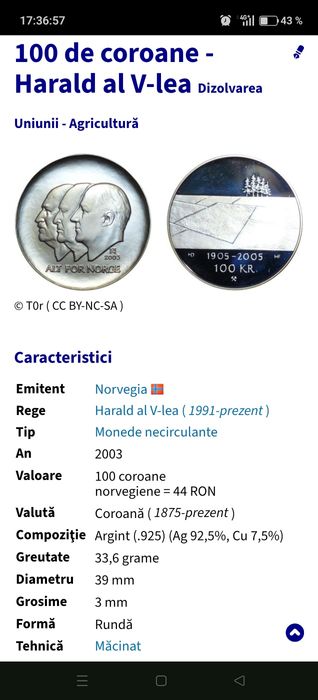 Moneda argint 925 ,100 coroane norvegiene ediție limitată.