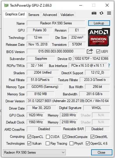 rx 590 sapphire nitro+ 8gb se