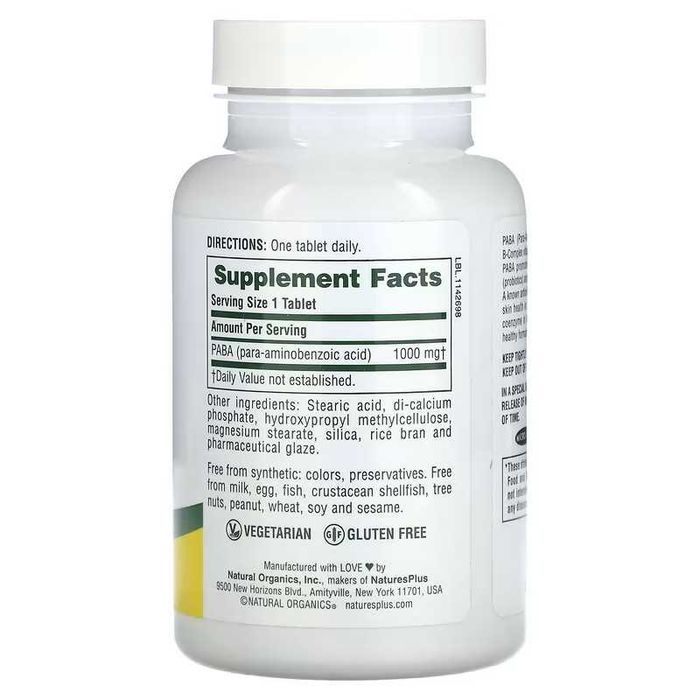 NaturesPlus PABA ПАБК, 1000 мг, 60 таблеток