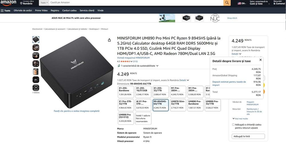 Pc mic MINISFORUM UM890 Pro Mini  cu Ryzen 9 8945HS , 64 gb ram ddr5