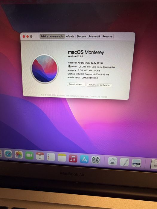 Vand MacBook Air 13”, 2015, Intel Core i5, 8 GB RAM, macOS Monterey. Incarcator inclus. Pret: 600 lei negociabil.