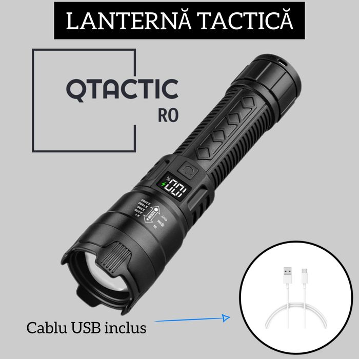 Lanternă tactică cu LED, afișaj digital, autonomie mare, incărcare USB